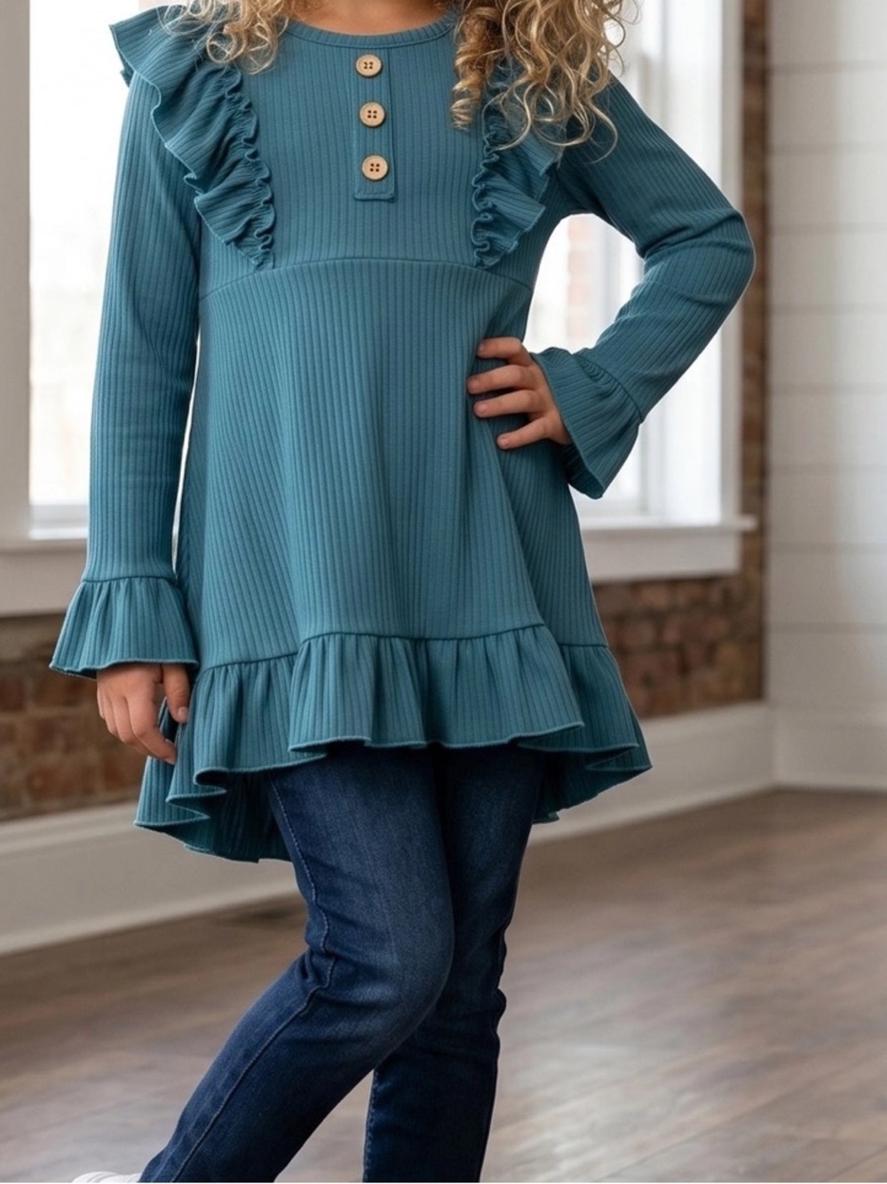 Girls Teal Ruffle Tunic Top with Button Detail